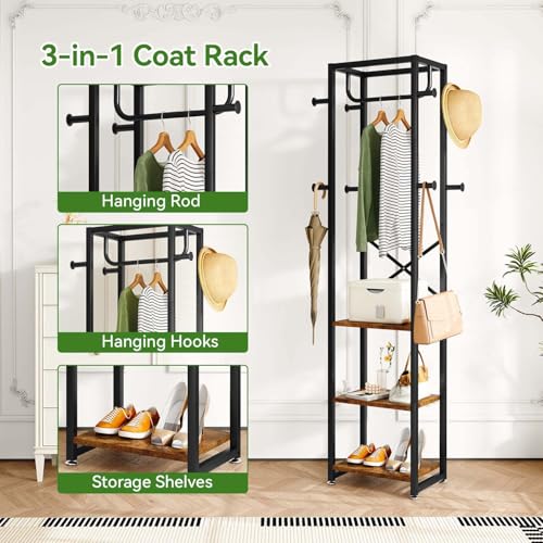 IBUYKE Coat Rack with Shelves, Freestanding Hall Tree with 3 Shelves and 8 Hooks, Industrial Clothes Stand for Entryway, Hallway, Bedroom, Rustic Brown UTMJ088H - color: Rustic Brown