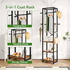 IBUYKE Coat Rack with Shelves, Freestanding Hall Tree with 3 Shelves and 8 Hooks, Industrial Clothes Stand for Entryway, Hallway, Bedroom, Rustic Brown UTMJ088H - color: Rustic Brown