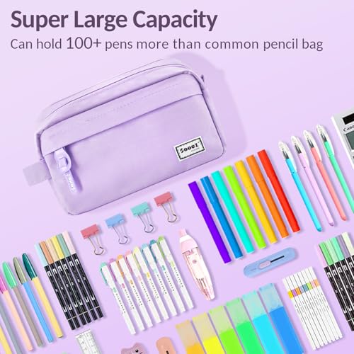 Sooez Original High Capacity Pencil Case, Big Pencil Bag Pouch Box Organizer Pen Case, Aesthetic Supply for Girls Adults, Portable Journaling Supplies with Easy Grip Handle & Loop, Purple - color: Light Purple