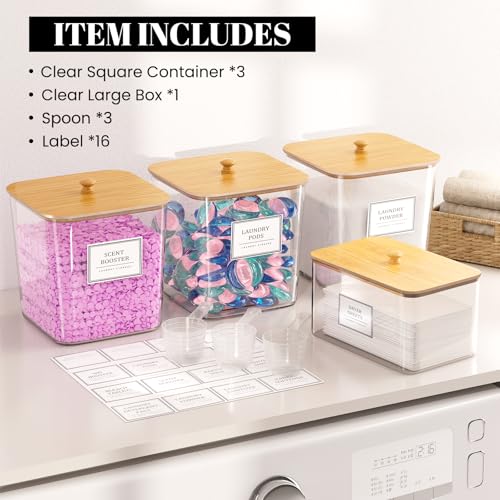 HomePekite Laundry Pods Storage Container, Clear Laundry Room Organization and Storage,Detergent Powder Container,with Wooden Lids & Labels, 3+1 Pack - style: 3+1 Pack