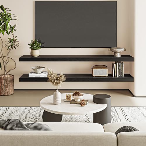 Fixwal Floating Shelves for Wall, 47" Long Heavy Duty Wall Mounted Rustic Wood Shelves for Living Room, Bedroom, Bathroom and Kitchen, Wall Shelves for Storage, Books, Room Decor (Black, Set of 2) - color: Black, size: 47in
