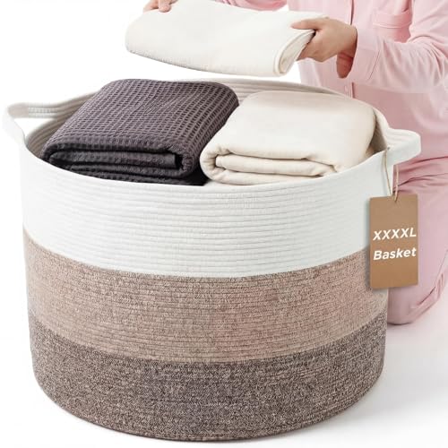 XXXXL 125L Extra Large Blanket Basket, 23.6" x 16.9" Jumbo Woven Cotton Rope Storage Basket with Handles, Laundry Hamper, Toy Storage for Living & Play Room(White, Beige & Natural Linen) - color: White, Beige & Natural Linen