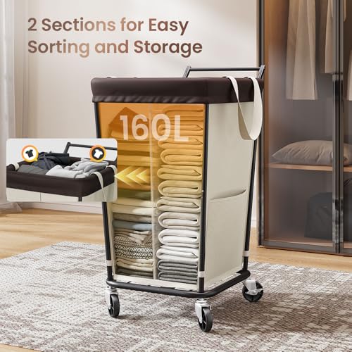 160L Laundry Hamper with Wheels and Handle, 2-Section Rolling Hamper for Laundry, Large Laundry Basket with Wheels, Rolling Laundry Basket Clothes Hamper for Home, Bathroom and Dorm(Beige) - color: Beige-2 Section with Handle, size: 160L