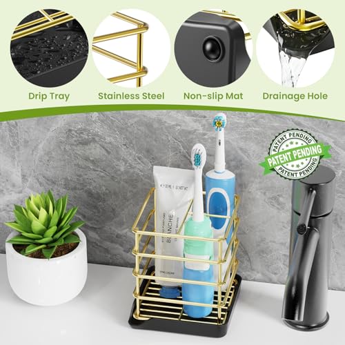 Toothbrush Holders for Bathrooms, Stainless Steel Toothbrush Holder Kids Electric 3 Slots Tooth Brushing Holder Stand and Toothpaste Holder for Bathroom Accessories Organizer with Tray, Gold - size: Gold