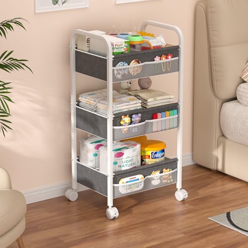 Baby Diaper Caddy Rolling Utility Cart, 3 Tier Baby Essentials Nursery Organizer and Storage with Dividers and Drawers for Crib, Bedroom, Art & Craft Organizer (White) - color: White