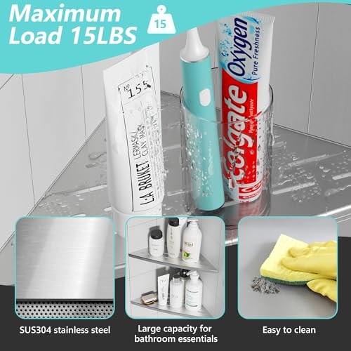 Qeke Corner Shower Shelf Brushed Nickel, 304 Stainless Steel 11.5” Recessed Corner Shelf Bathroom for Tiled Wall, Floating Shower Shelves Shampoo Holder, No Drilling, 2 Pack - color: Brushed Nickel