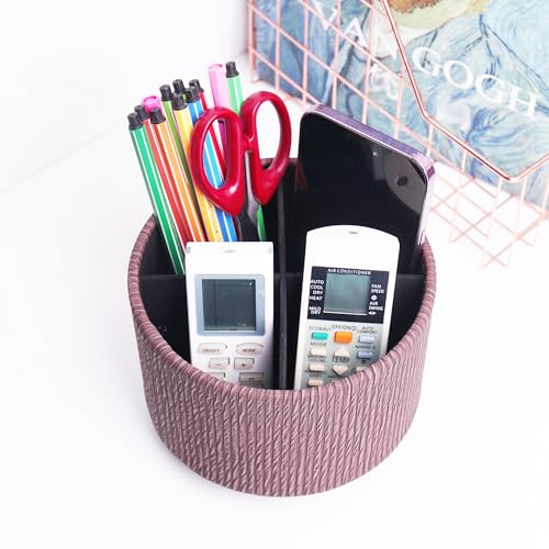Round Leather Art Supply Organizer,Remote Control Holder,360 Degree Spinning,Multi-Functional Pencil Holder,4 Compartments Desktop Stationary Organizer(1-Wood Brown) - color: 1-Wood Brown