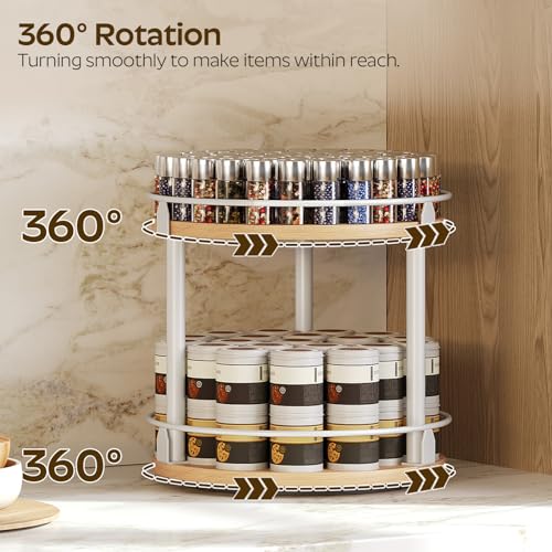YATINEY Lazy Susan Organizer, Rotating Spice Rack, 2 Tier Spice Turntable Organizer, Industrial Turntable Spice Holder, for Kitchen Countertop, Compact and Versatile, White and Natural SR22WN - color: White + Natural, size: 10.2"L x 10.2"W x 11"H