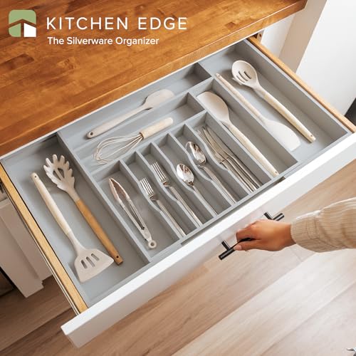 KitchenEdge Premium Silverware, Flatware and Utensil Organizer for Kitchen Drawers, Food-Safe Contract Grade, Expandable from 18 to 33 In, Gray Bamboo - color: Gray Bamboo, size: From 18" to 33" wide