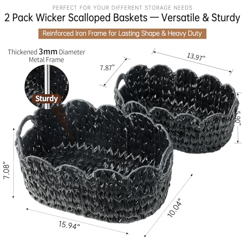 Coeusy Wicker Scalloped Basket Set of 2,Woven Storage Baskets for Shelves,Closet,Laundry,Gift,Towels,Books,Toys,Waterproof Decor Basket for Organizing,Black Oval - color: Black