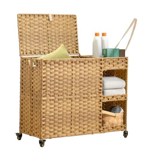 Laundry Hamper with Wheels, 42.3 Gal.(160 L) Laundry Sorter with Shelves, Rattan Clothes Hamper with 4 Removable Liners & 3 Mesh Bags, Handwoven Organizer for bedroom, bathroom, laundry room, Natural - color: Natural