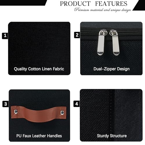 Storage Bins with Zipper Lid Foldable Fabric Lidded Storage Boxes Baskets Cubes Washable Collapsible PU Leather Handle Cotton Linen Fabric Shelf Closet Organizer Container(Black, Small Size) - color: Black, size: Small ( Set of 1 )