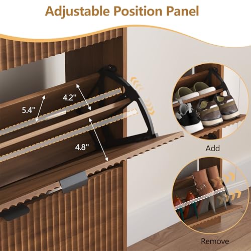 HUANLEGO Shoe Cabinet Storage for Entryway with 2 Flip Drawers, Walnut Fluted Shoe Cabinet with Open Storage, Wooden Hidden Shoe Rack Freestanding Narrow Slim Shoes Organizer for Hallway, Entrance - color: Walnut, size: 2 Drawer