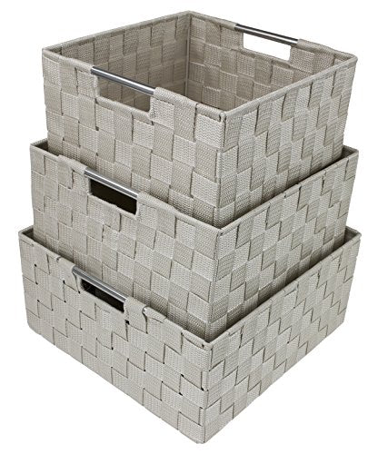 Sorbus Storage Box Woven Basket Bin Container Tote Cube Organizer Set Stackable Storage Basket Woven Strap Shelf Organizer Built-in Carry Handles (Beige) - color: Beige