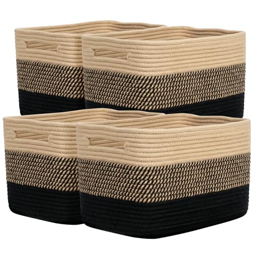 Storage Baskets for Organizing, 14 x 10 x 9” Closet Shelf Woven Baskets, Square Bins with Handles, Cotton Rope Basket for Toys, Clothes, Office, Room, Black+Brown 4 Pack - color: Black+Brown, size: 4pcs