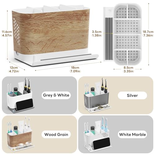 Bathroom Organizers and Storage 6 Slots Wood Grain Electric Toothbrush Holders with Phone Holder and Adjustable Dividers, Cord-Friendly Toothbrush Organizer with Drainage for Family, Kids - color: Wood Grain