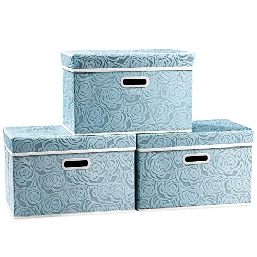 PRANDOM Collapsible Storage Cubes with Lids Fabric Decorative Storage Bins Boxes Organizer Containers Baskets with Cover Handles for Bedroom Closet Living Room 14.9x9.8x9.8 Inch 3 Pack - color: Blue, size: Medium(3-Pack)