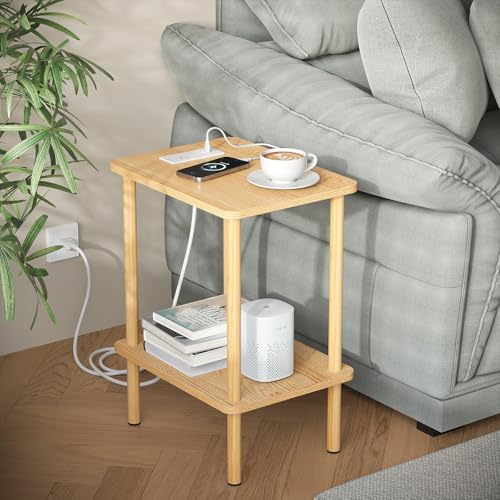 Apicizon 2 Tier End Table, Small Side Table with Charging Station, Boho Bedside Table with USB Ports and Outlets, Nightstand for Small Spaces, Bedroom, Living Room, Entryway, Easy Assembly, Natural - color: Natural, size: 1 Set, style: 2 Tier with Plug