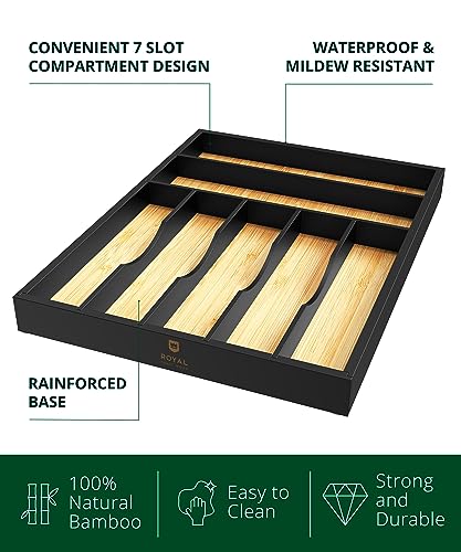ROYAL CRAFT WOOD Luxury Bamboo Kitchen Drawer Organizer - Silverware Organizer - Utensil Holder and Cutlery Tray with Grooved Drawer Dividers for Flatware and Kitchen Utensils (7 Slot) - color: Black/Natural, size: 7 Slot