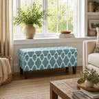 HomePop Large Upholstered Rectangular Storage Ottoman Bench with Hinged Lid, Teal Blue Geometric - color: Teal Blue Geometric