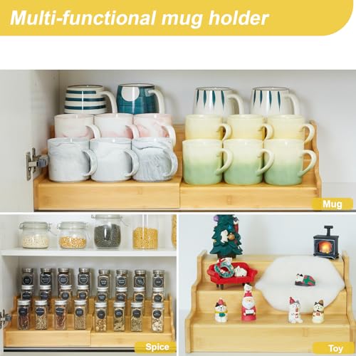 Hongtamoya 3-Tier Expandable Bamboo Mug Holder For Countertop Coffee Cup Holder Display Mug Organizer Mug Rack for Coffee Bar Organizer Mug Shelf for Cabinet for Kitchen, Home - size: (12.40~24.01'')L*10.62''W*4.33''H