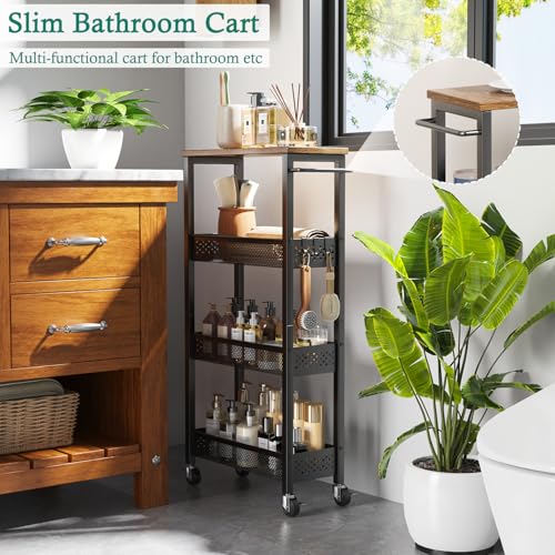 XYZLVSI Slim Storage Cart 4 Tier Narrow Kitchen Rolling Cart on Wheels for Small Space, Mobile Utility Cart Shelving Unit with Wooden Top and Metal Handle for Kitchen, Bathroom, Laundry Room - size: 16.7"Dx7.1"Wx34"H