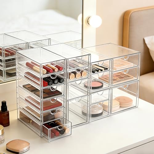 Prsildan Acrylic Drawer Organizer with 17 Drawers, Craft Office Desk Makeup Organizers Accessories, Set of 4 Clear Stackable Storage Drawers for Vanity, Countertop, Jewelry, Art Supply Organization - style: 17 Drawers