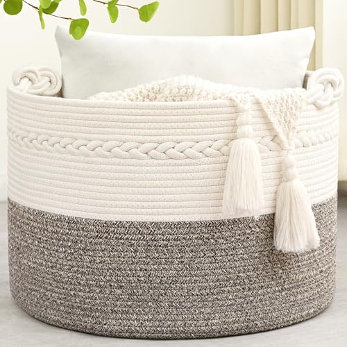 67L Large Blanket Basket, 20"x13" Woven Storage Baskets With Handle, Cotton Rope Blanket Basket Living Room, Baby Laundry hamper for Blanket, Nursery, Toy, Pillow (White & Grey) - color: White & Grey, size: 67L