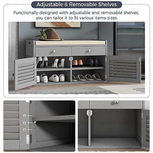 WARMHONIU Shoe Storage Bench with 2 Drawers, Entryway Bench with Cushion, Adjustable Shelves, Shoe Rack Bench with Louvered Doors for Entryway, Bedroom, Hallway, White - color: Grey, style: 2 Drawers Storage