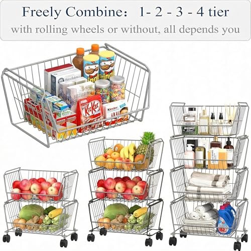 PUSDON 4-Tier Large Stackable Wire Storage Baskets with Wheels, Metal Rolling Utility Cart Organizer, Fruit and Vegetable Produce Basket for Kitchen Pantry, Bathroom Floor Shelf, Silver Grey - color: Silver Grey, size: 4 Tier Plus