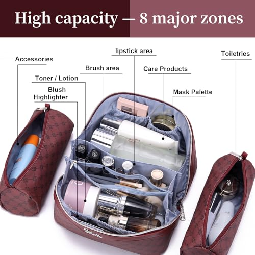 BOYATU Travel Makeup Bag Cosmetic Bags for Women: 3 Pcs Set Large Capacity Make up Bag with Handle - Vegan Leather Toiletry Bags with Compartments - Makeup Organizer for Travel Essentials(A-10-Red) - color: A-910-Red