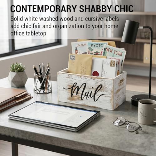 MyGift Mail Holder Storage Organizer Box Whitewashed Wood with MAIL Script Design, Desktop Letters, Bills, Notes and Postcard Bin for Home Office Dorm Room - color: Whitewashed