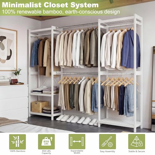 Homykic Bamboo Closet System, 71"-91" Expandable Clothing Rack with 5 Hanger Rods & Shelves, 6.6ft Tall Garment Rack Organizer for Walk-in Closet Bedroom, Max Load 850LBS, Easy to Assemble, White - color: White, size: 91"Wx14.2"Dx79"H