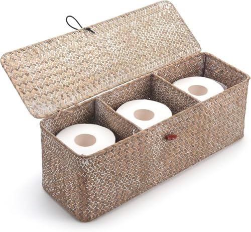 Seagrass Storage Basket for Bathroom - Wicker Toilet Tank Basket with Lid - Woven Storage Box for Organizing (Whitewash, 16.5" x 5.5" x 5.5") - color: Whitewash, size: 16.5" x 5.5" x 5.5"