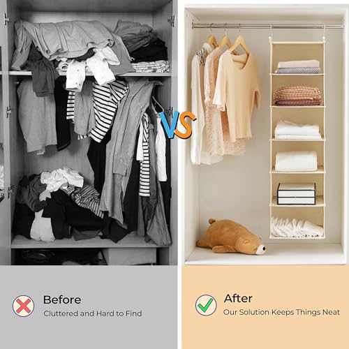 MAX Houser 6 Tier Shelf Hanging Closet Organizer, Closet Hanging Shelf with 2 Sturdy Hooks for Storage,2 Pack, Foldable (Yellow) - color: Beige-2