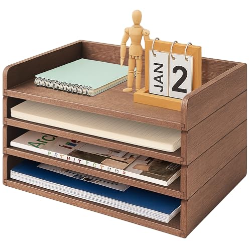 PROLEE Wooden Paper Tray Organizer for Desk,Stackable Paper Holder and Letter Tray,4-Tier Desktop File Storage Rack for Study,Home and Office(Walnut,14" x 9.5" x 2.5") - color: Walnut
