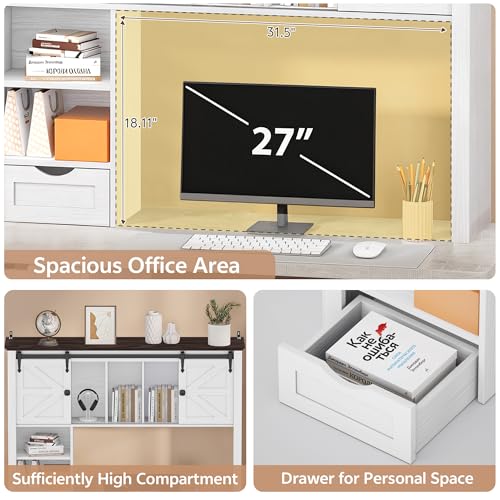 Large Desktop Bookshelf with Sliding Barn Door, 47.2''W Desk Shelf Display Rack, Desktop Organizer Storage Rack with 7 Cubbies and Drawer, Home, Desk Shelf for Office, Dorm, Vanity, White - color: White, size: 47.2''W
