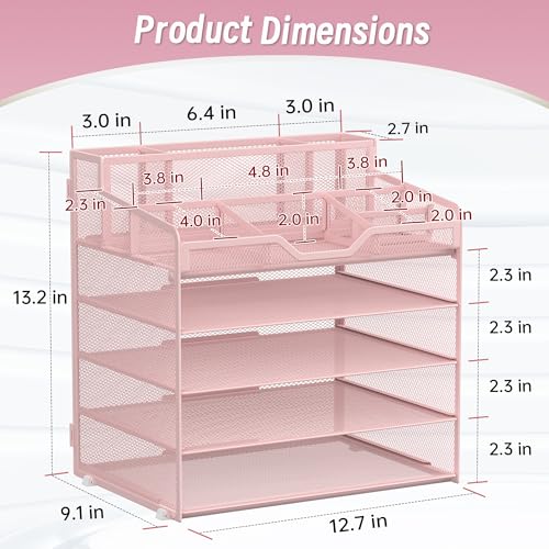 5 Tier Mesh Desk Organizer,Multi Functional Letter Paper Tray with 3 Pen Holders and 5 Adjustable Storage Compartments for Office Supplies Files and Mail Space Saving Desktop Organizer-Pink - color: 5 Tier-pink