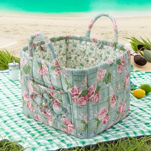 Fabric Baskets for Storage - Quilted Boho Floral Basket with Handles, Foldable Organizer for Home, Office, Clothes, Blankets, Books or Toys - 12'' x 10'' x 10''(White) - color: White