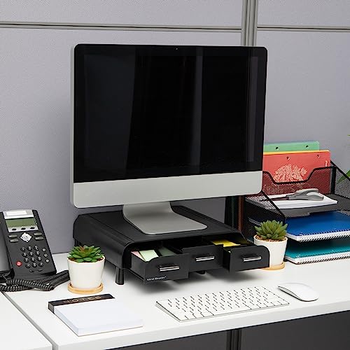 Mind Reader Monitor Stand, 3 Storage Drawers, Desktop Organizer, Riser, Office, 13.5"L x 13"W x 4"H, Set of 2, Black - size: 2 Pack