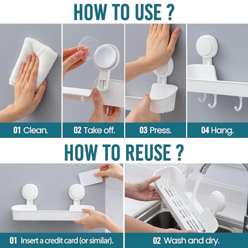 TAILI Shower Caddy with 4 Hooks Suction Cup Shower Shelf Hanging Bathroom Rack Removable & Reusable No Drilling Plastic Wall Mounted Bath Shelves Storage White - style: Modern