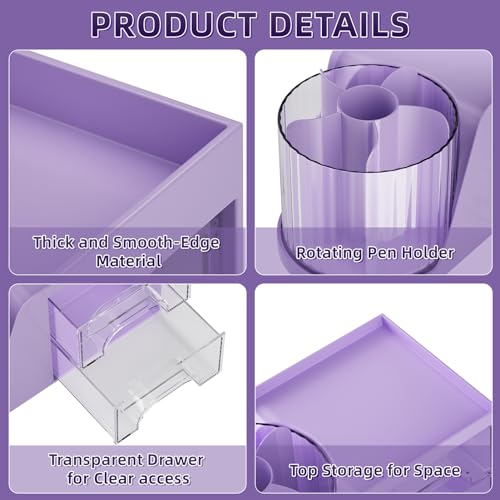 Marbrasse Desk Organizer with 2 Drawer, 360°Rotating Pen Holder, Desk Organizers and Accessories with 6 Slots Pencil Holder + 2 Drawer, Art Supply Storage Box Caddy for Office (Purple) - color: Purple