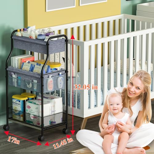 3-Tier Baby Diaper Caddy Organizer and Storage Cart, Mobile Metal Utility Cart with Rolling Wheels for Nursery Essentials with 4+2 Dividers, Large Capacity Rolling Cart For Bedroom, Bathroom, Nursery - color: Gray, size: 17"W*11.35"D*32.05"H