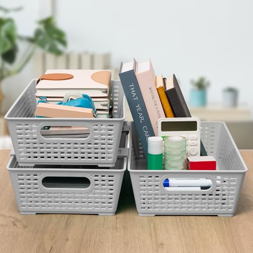 Tiawudi Stackable Woven Plastic Basket, Storage Bins for Cabinet, Closet, Shelf, Under Sink and Countertop, Pantry Organizer Bins, 6 Pack - color: Gray