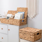 Wicker Storage Baskets, Hand-Woven Rectangular Wicker Basket with Lid for Bedroom & Living Room, Nesting Rattan Basket for Shelves (Water Hyacinth, 3-Pack)