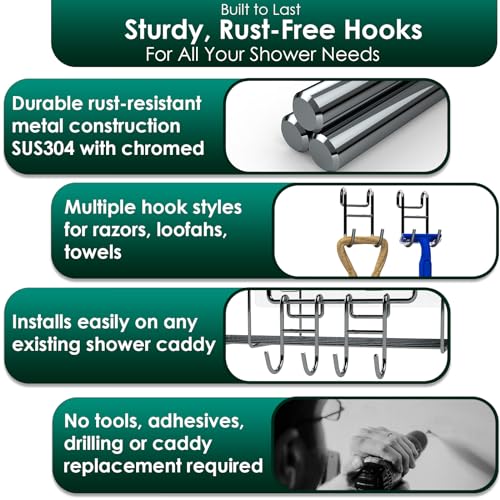 Shower Caddy Shelf Basket Rack Hooks Stainless Steel Metal Bathroom Hangers Hanging for Loofah Robe Massage Towel Squeegee Sponge Razor 2 Pack - color: Silver, size: 1 Closed 1 Open