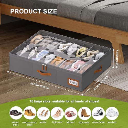 homyfort Shoe Organizer Under Bed, Fits 32 Pairs, Under bed Shoe Storage Boxes with Study Handles and Clear Cover, zapateras organizer for shoes, set of 2 - color: Grey, style: Modern