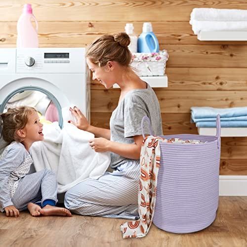 XUANGUO Rope Laundry Basket Hamper for Clothes Woven Storage Basket for Living Room Bedroom Boho Tall Rope Baskets for Blanket Toys Pillow Towels Baby Nursery Hamper Bin Large purple or lavender - color: light purple, size: Regular
