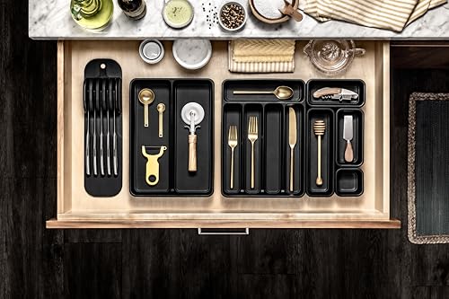 madesmart 2 Compartment Drawer Organizer, Multi-Purpose Storage for Kitchen, Office & Bathroom, Non Slip, Soft Grip Lining, Easy-Clean Design, Black - size: 2 Compartment
