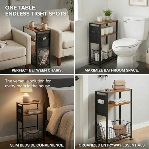 Skinny Side Table with Storage, 3 Tier Slim Side Tables for Small Spaces, Skinny End Table Narrow Bedside Table Narrow Side Table for Living Room, Bedroom - color: Rustic Brown